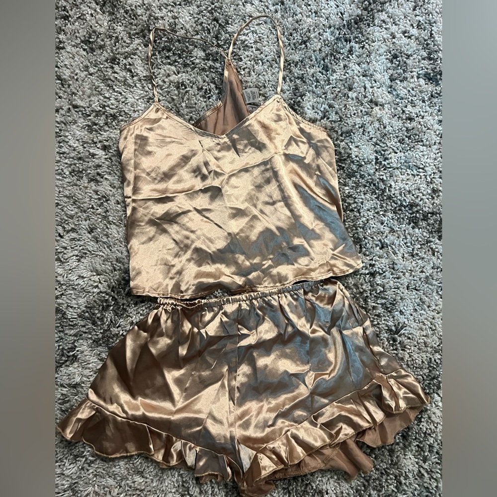 Lulu’s Sweetest Dreams Gold Satin Ruffled Two-Piece Pajama Set